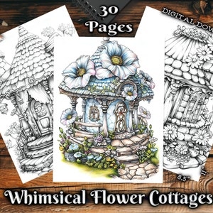 May include: A set of 30 printable coloring pages featuring whimsical flower cottages. Each page features a unique cottage design with intricate details and floral accents. Perfect for adults and children who enjoy coloring.