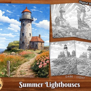 Summer Lighthouses Adult Coloring Book Beautiful Landscapes Grayscale Coloring Page Digital Download Printable Coloring Pages PDF Vol. 1