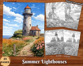Summer Lighthouses Adult Coloring Book Beautiful Landscapes Grayscale Coloring Page Digital Download Printable Coloring Pages PDF Vol. 1