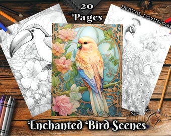 May include: A digital download of 20 printable coloring pages featuring intricate illustrations of birds in nature. The pages are 8.5 inches by 11 inches and feature a toucan, a parrot, and a peacock.