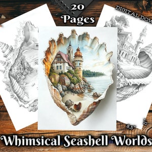 May include: A digital download of 20 printable colouring pages featuring whimsical seashell worlds. Each page depicts a different scene inside a seashell, including a castle, a lighthouse, and a forest.