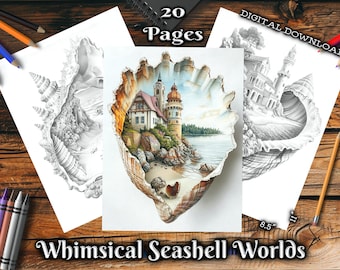Op de afbeelding: Een digitale download van 20 afdrukbare kleurplaten met fantasierijke schelpwerelden. Elke pagina toont een andere scène in een schelp, waaronder een kasteel, een vuurtoren en een bos.