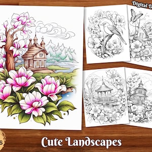 Cute Landscapes Adult Coloring Book Sticker Art Designs Grayscale Coloring Page Digital Download Printable Coloring Pages PDF