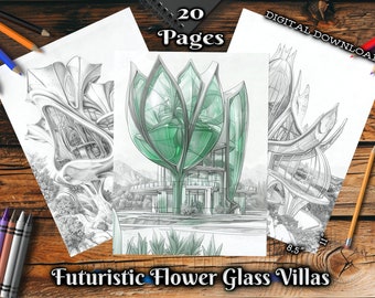 Páginas para colorear para adultos de villas futuristas con flores y vidrio, libro para colorear de paisajes naturales en escala de grises, descarga digital e imprimible en PDF.