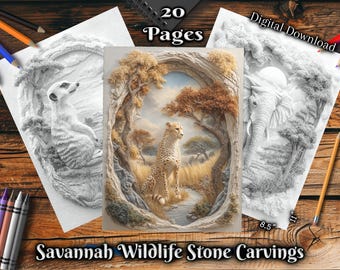 Grayscale Coloring Pages - Download, Print and Color - Savannah Wildlife Stone Carvings, Printable Illustrations for Colorists to Enjoy