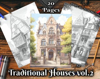 Traditional Houses Adult Coloring Book Beautiful Landscapes Grayscale Coloring Page Digital Download Printable Coloring Pages PDF Vol. 2