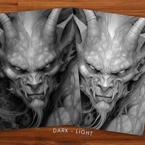 Fierce Male Demons Adult Coloring Book Grayscale Coloring Page Fantasy Digital Printable Illustration Coloring Page PDF image 3
