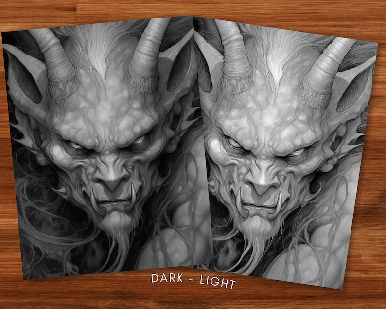 Fierce Male Demons Adult Coloring Book Grayscale Coloring Page Fantasy Digital Printable Illustration Coloring Page PDF image 3