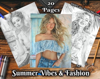 Summer Vibes and Fashion Coloring Pages, Grayscale Female Portraits Coloring Book,  Digital Download Printable Beach Coloring Pages PDF