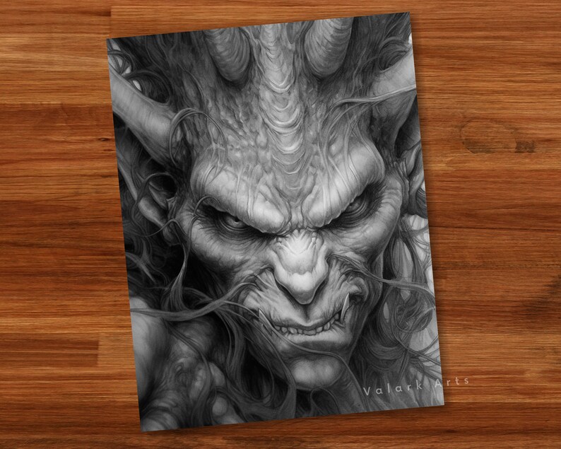 Fierce Male Demons Adult Coloring Book Grayscale Coloring Page Fantasy Digital Printable Illustration Coloring Page PDF image 5