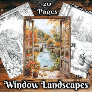 May include: A coloring book with 20 pages featuring window scenes of different landscapes. The cover shows a window view of a lake with a bridge, ducks, and fall foliage. The text "Window Landscapes" is at the bottom of the cover.