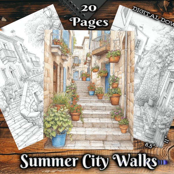 Summer City Walks Adult Coloring Pages,  Beautiful Alleys Grayscale Coloring Book Digital Download Printable Coloring Pages PDF