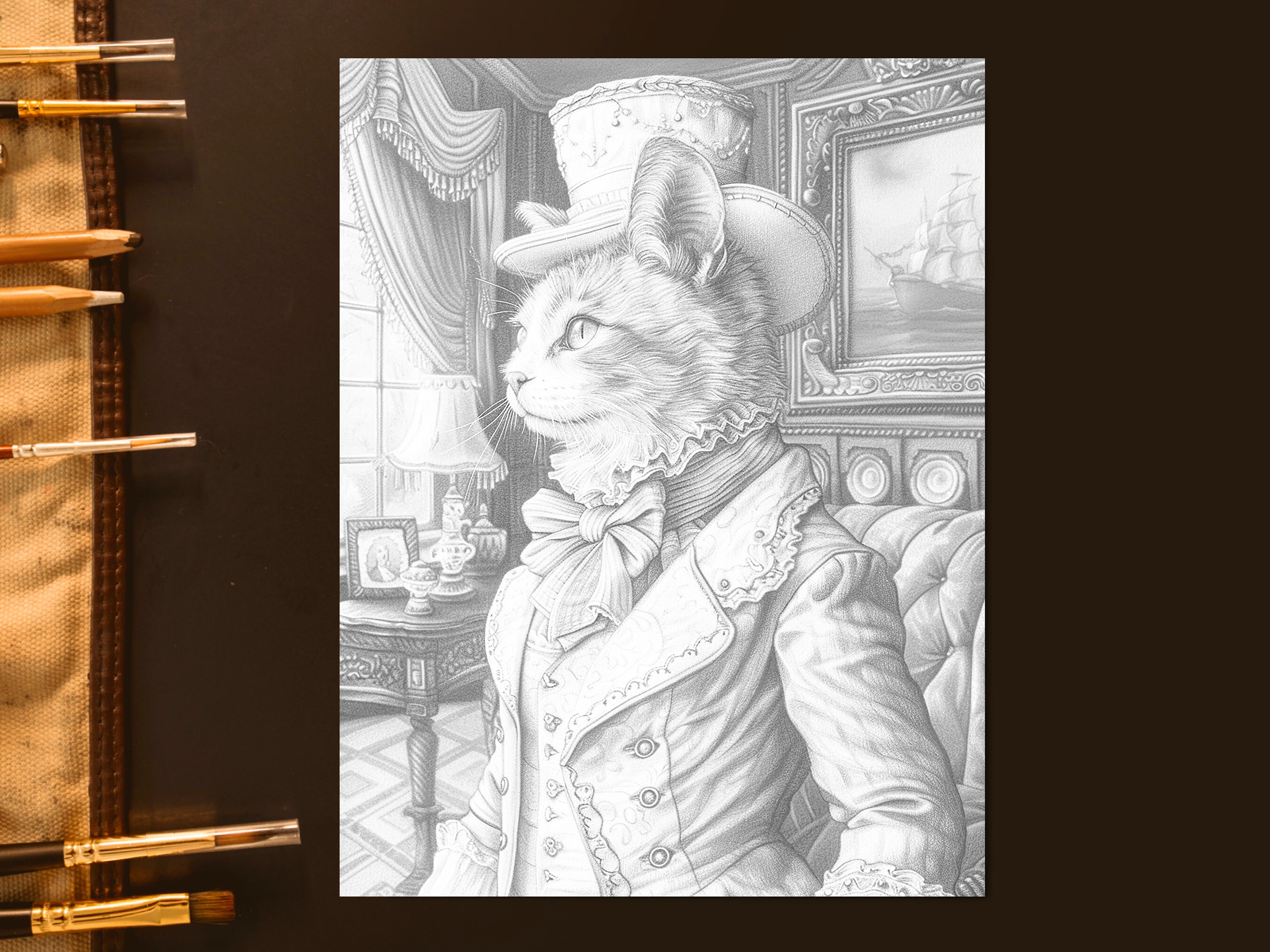 Victorian Cats Coloring Pages, Grayscale Whimsical Animal Portraits ...