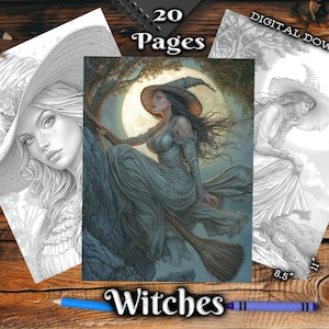 Witches Adult Coloring Pages, Halloween Women Portraits Coloring Book, Fantasy Digital Download, Printable Magical Illustrations PDF