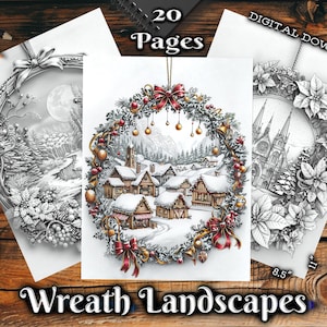 Könnte beinhalten: Ein Set mit 20 druckbaren Malvorlagen mit Winterlandschaften in Kränzen. Die Seiten sind digitale Downloads und zeigen Szenen eines verschneiten Dorfes, eines Waldes und einer Kathedrale.