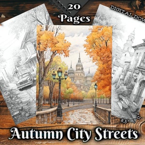 Autumn City Streets Adult Coloring Pages, Fall Landscapes Grayscale Coloring Book, Digital Download Printable Coloring Pages PDF