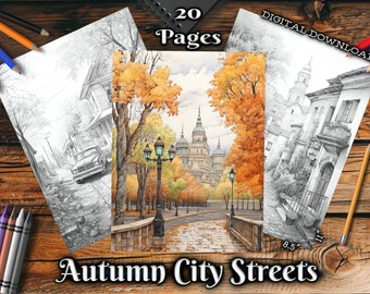 Autumn City Streets Adult Coloring Pages, Fall Landscapes Grayscale Coloring Book, Digital Download Printable Coloring Pages PDF