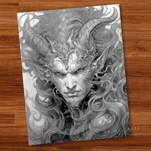 Fierce Male Demons Adult Coloring Book Grayscale Coloring Page Fantasy Digital Printable Illustration Coloring Page PDF image 4