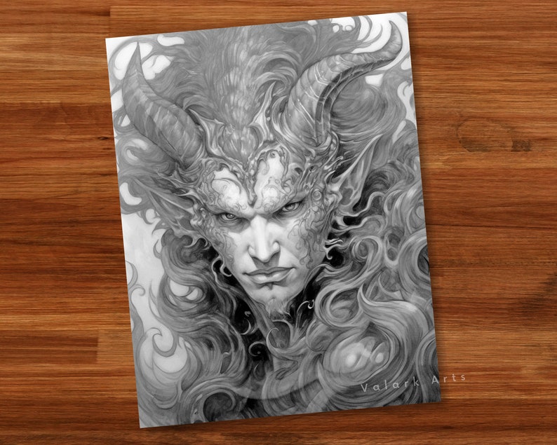 Fierce Male Demons Adult Coloring Book Grayscale Coloring Page Fantasy Digital Printable Illustration Coloring Page PDF image 4