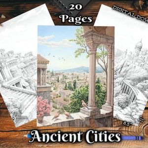 Ancient Cities Adult Coloring Pages, Beautiful Landscapes Grayscale Coloring Book, Digital Download Printable Coloring Pages PDF
