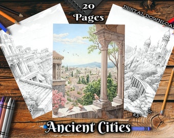 Ancient Cities Adult Coloring Pages, Beautiful Landscapes Grayscale Coloring Book, Digital Download Printable Coloring Pages PDF