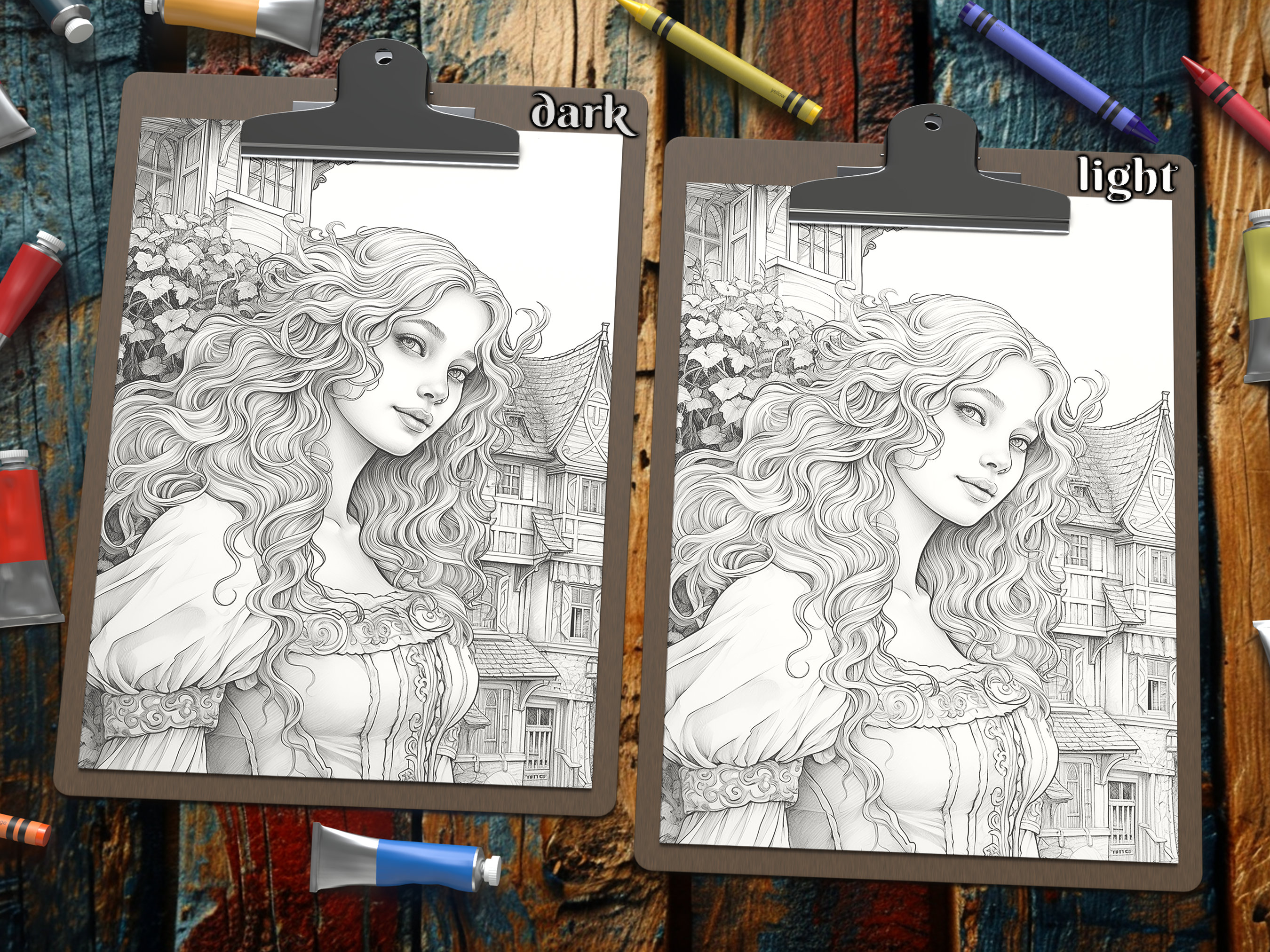 Medieval Women Adult Coloring Pages, Beautiful Girls Grayscale Coloring ...