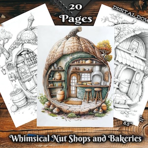 May include: A set of 20 printable colouring pages featuring whimsical nut shops and bakeries. The illustrations depict charming shops built into the shells of nuts, with intricate details and a cosy atmosphere.
