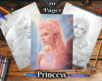 Libro para colorear de princesas para adultos: hermosas mujeres, página para colorear en escala de grises, majestuosos retratos, descarga digital, páginas para colorear imprimibles en PDF.