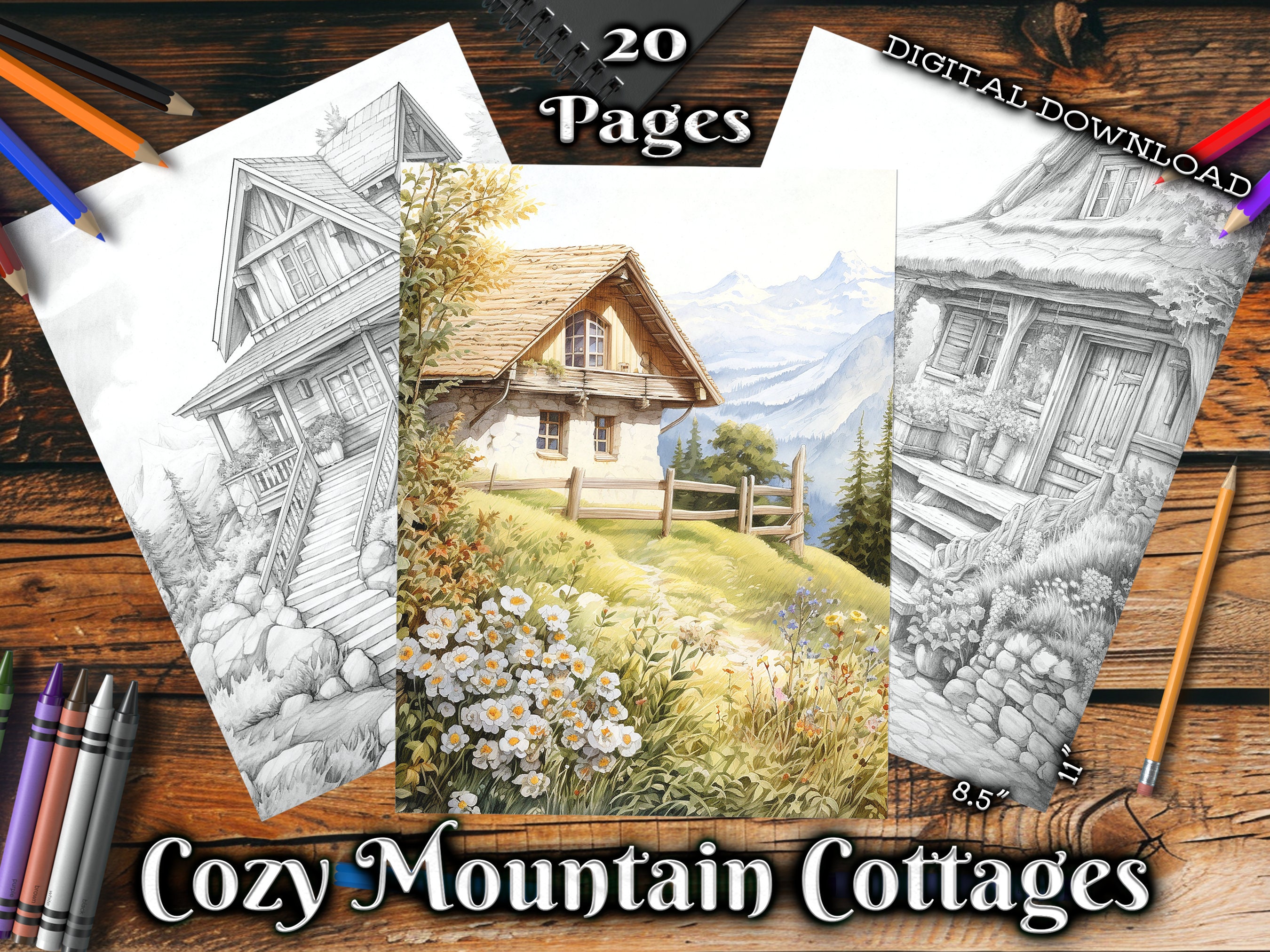 Cozy Mountain Cottages Adult Coloring Pages Beautiful Landscapes Grayscale Coloring Book Digital Download Printable Coloring Pages PDF