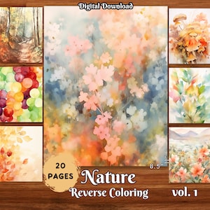 May include: A set of 20 reverse coloring pages featuring nature scenes. The pages are 8.5 inches by 11 inches and include images of flowers, mushrooms, and trees. The title of the set is "Nature Reverse Coloring" and the volume number is "vol. 1".