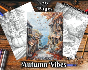 Autumn Vibes Adult Coloring Pages, Fall Nature Landscapes Grayscale Coloring Book, Digital Download Printable Seasonal Scenery PDF Pages