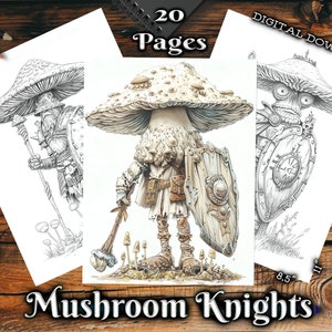 Może przedstawiać: Cyfrowe pobranie kolorowanki zatytułowanej "Mushroom Knights" z 20 stronami. Ilustracje przedstawiają rycerzy z grzybowymi głowami z tarczami i bronią. Strony mają wymiary 21,59 cm x 27,94 cm i są otoczone kredkami.