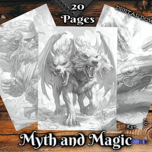 May include: A digital download coloring book with 20 pages of mythical creatures. The cover features a three-headed wolf with wings, a dragon, and a bearded man.
