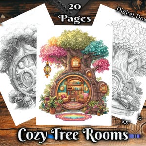May include: A digital download of 20 coloring pages featuring cozy tree rooms. Each page depicts a whimsical treehouse with a round window, bookshelves, and furniture. The treehouses are surrounded by lush greenery and colorful flowers. The text "Cozy Tree Rooms" is displayed at the bottom of the image.