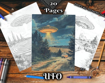 UFO Adult Coloring Pages, Science Fiction UFOs Landscape Grayscale Coloring Book, Digital Download Printable Coloring Pages PDF