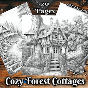 Cozy Forest Cottages Adult Coloring Pages Beautiful Landscapes Grayscale Coloring Book Digital Download Printable Coloring Pages PDF