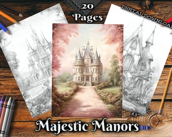 Majestic Manors Malseiten für Erwachsene, schöne Vintage Landschaften Graustufen Malbuch, digitaler Download druckbare Vintage Färbung PDF