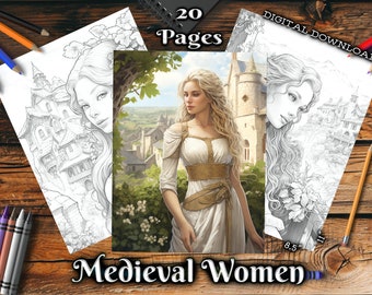 Medieval Women Adult Coloring Pages, Beautiful Girls Grayscale Coloring Digital Book, Download Printable Coloring Pages PDF