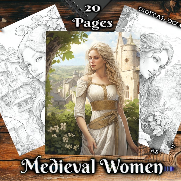 Medieval Women Adult Coloring Pages, Beautiful Girls Grayscale Coloring Digital Book, Download Printable Coloring Pages PDF