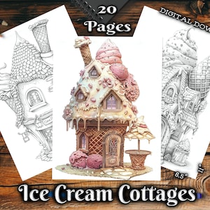 Whimsical Ice Cream Cottages Adult Coloring Pages, Fantasy Houses Grayscale Coloring Book, Digital Download Printable Vintage PDF
