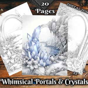 Può includere: Un download digitale di 20 pagine da colorare stampabili con portali e cristalli fantasiosi. Le pagine sono disegni in bianco e nero con dettagli intricati.