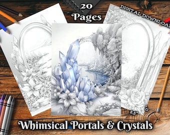 Whimsical Portals and Crystals Adult Coloring Pages, Fantasy Grayscale Coloring Book, Magical Landscapes Digital Download Printable PDF
