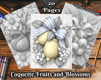 Grayscale Coloring Pages - Download, Print and Color - Coquette Fruits & Blossoms, Printable Illustrations for Colorists to Enjoy and Relax