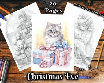 クリスマスイブの大人向けぬり絵ページ 心地よい風景のグレースケールぬり絵ブック デジタルダウンロード 印刷可能なぬり絵ページ PDF ペットと動物