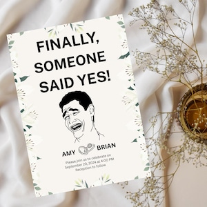 Modelo de convite de casamento engraçado – Finalmente alguém disse sim – Design editável do Canva com RSVP e cartão de detalhes – Download instantâneo