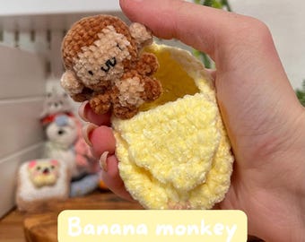 Crochet Monkey in a Banana Plushie | Handmade Keychain
