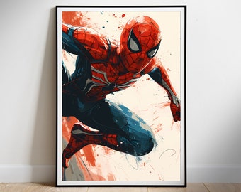 Könnte beinhalten: Eine digitale Illustration von Spider-Man in einem rot-blauen Anzug mit einem schwarzen Spinnen-Symbol auf der Brust. Er befindet sich in der Luft, mit einem rot-weißen Hintergrund hinter ihm.