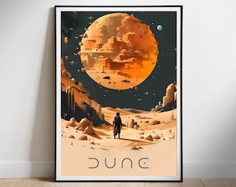 May include: A poster with a dark blue background featuring a large, orange, spherical planet with a city built on its surface. A lone figure in a dark coat stands in the foreground on a sandy desert landscape. The text "DUNE" is printed in white at the bottom of the poster.