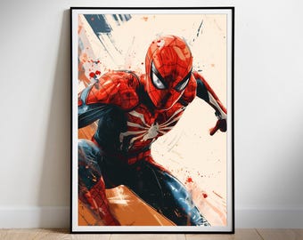 Könnte beinhalten: Ein digitales Gemälde von Spider-Man in seinem rot-blauen Anzug mit einem schwarzen Spinnen-Symbol auf der Brust. Er befindet sich in der Luft, mit ausgestreckten Armen, und der Hintergrund ist ein weißes und orangefarbenes abstraktes Design.