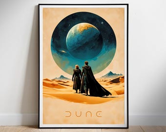 May include: A poster with a minimalist design featuring two figures walking on a desert landscape. The background shows a large planet in a starry sky. The word "DUNE" is written in a stylized font at the bottom of the poster.